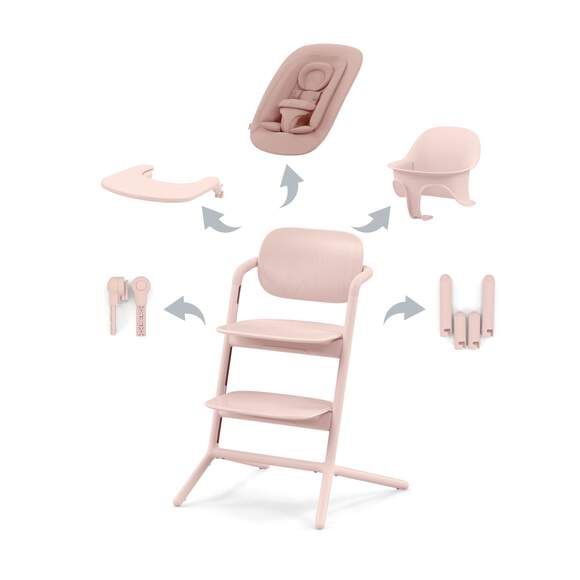 4-in-1 high chair in pink with front tray and two-level footrest
