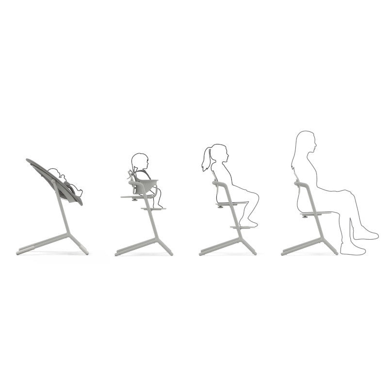 4-in-1 high chair in light gray, showing multiple usable recline and use positions