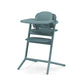 4-in-1 high chair in teal with front tray and three seating positions