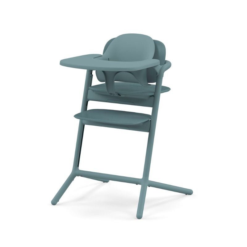 4-in-1 high chair in teal with front tray and three seating positions