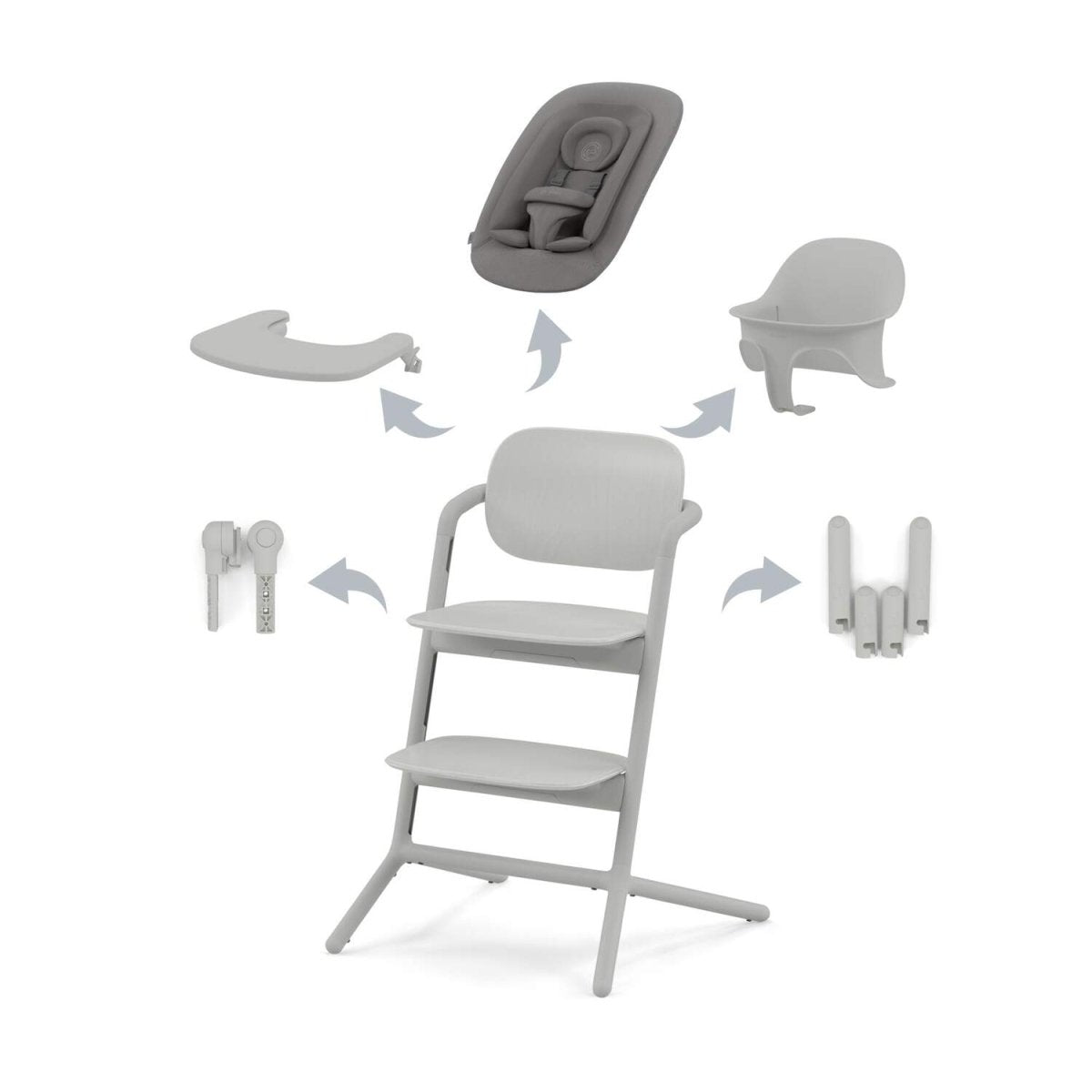 4-in-1 high chair in light gray with front tray and two-level footrest