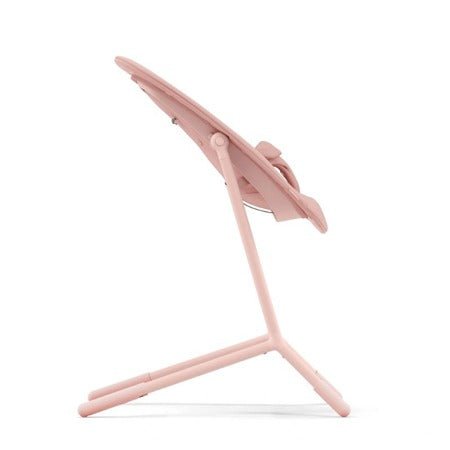4-in-1 high chair in pink, side view with reclining seat and tray