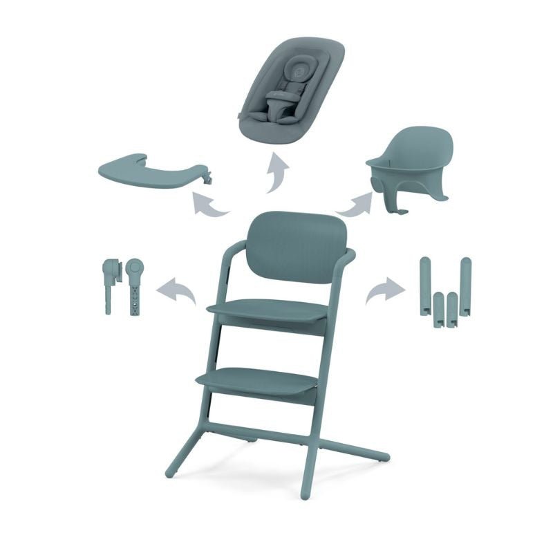 4-in-1 high chair in teal with removable inserts and adjustable recline positions