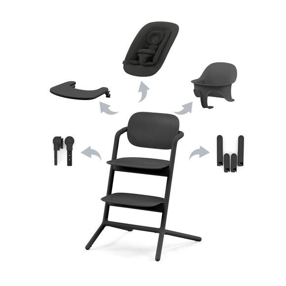 4-in-1 high chair in black with removable parts shown for converting