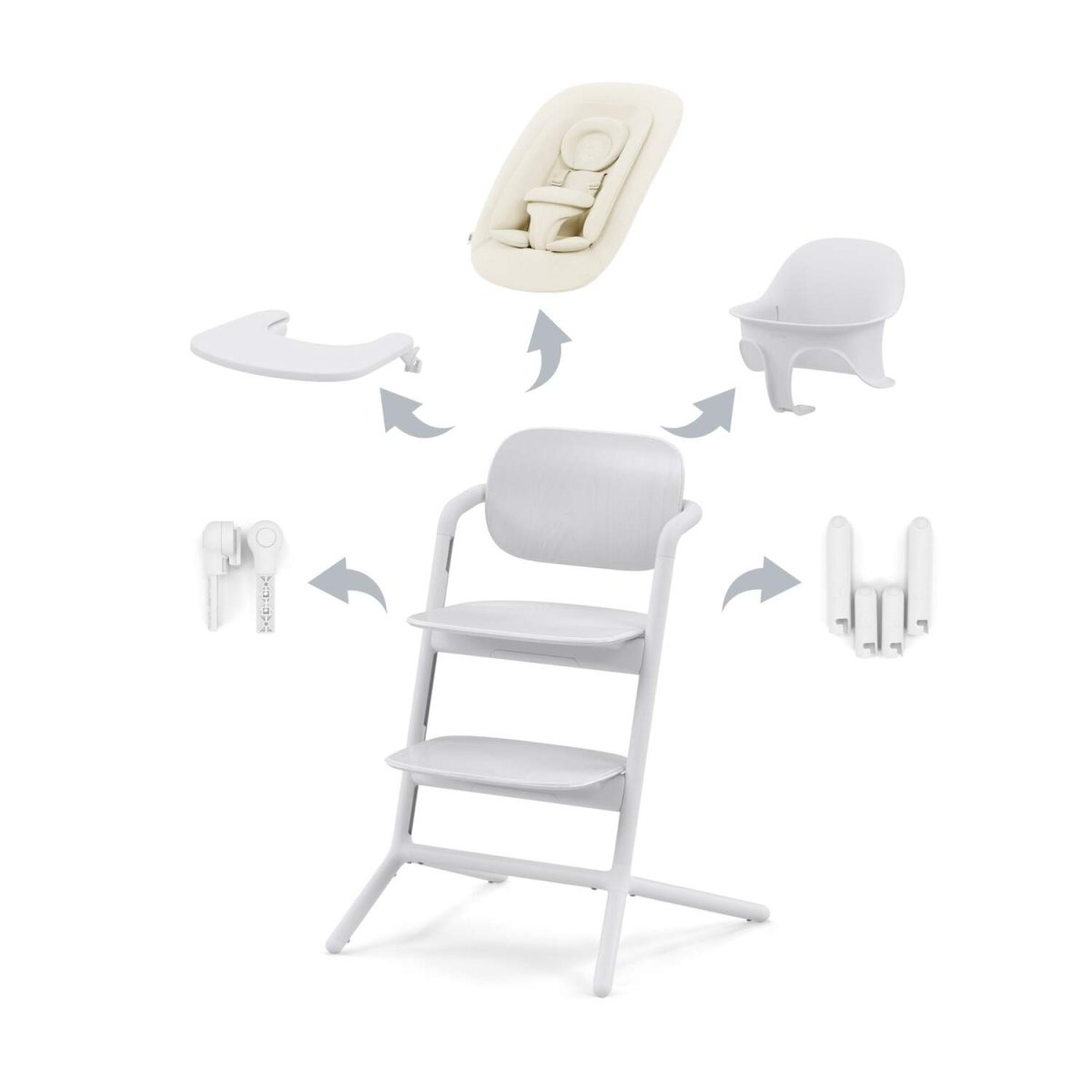 4-in-1 high chair in light color with removable parts shown for converting