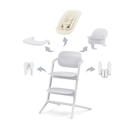 4-in-1 high chair in light color with removable parts shown for converting