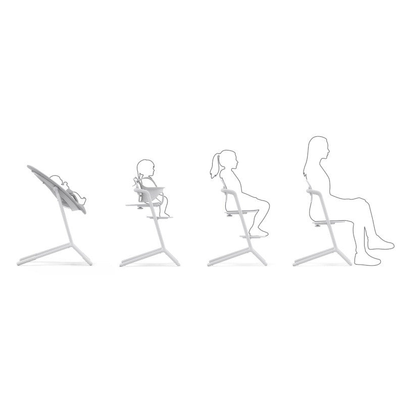 4-in-1 high chair, side views showing multiple seat and footrest positions