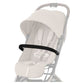 Stroller bumper bar attached to a light-colored seat, black padded bar