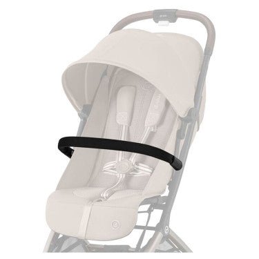 Stroller bumper bar attached to a light-colored seat, black padded bar