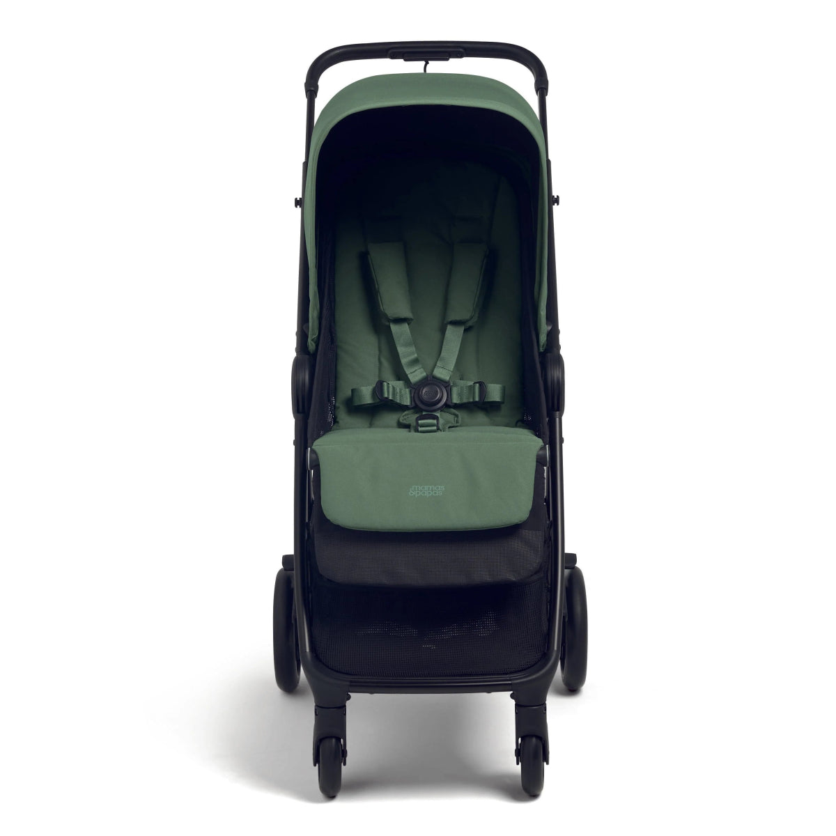 Green stroller with black frame and canopy, front view