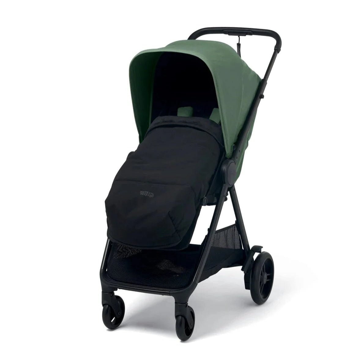 Green stroller with dark seat cover and canopy, three-quarter view