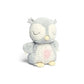 Light gray plush owl sensory toy with closed eyes, cream beak, soft wings