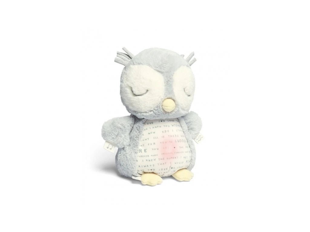 Light gray plush owl sensory toy with closed eyes, cream beak, soft wings
