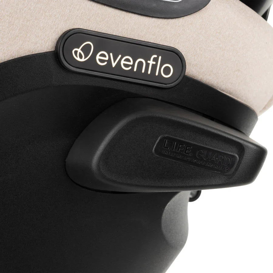 Car seat base with Evenflo branding and molded Life Guard label