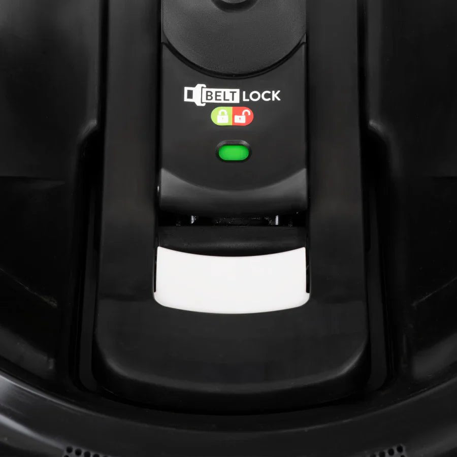Car seat belt lock control panel, black housing with BELT LOCK label and green indicator.