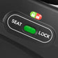 Car seat side controls with SEAT and LOCK labels and green lock slider button.