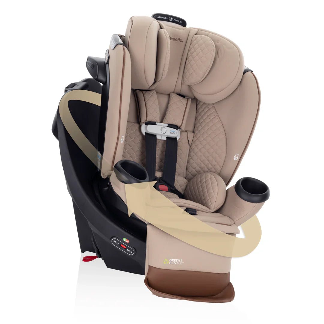 Champagne all-in-one convertible car seat, side view with cup holders