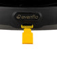 Car seat base release button area, evenflo logo on black cover with SEAT RELEASE tab.