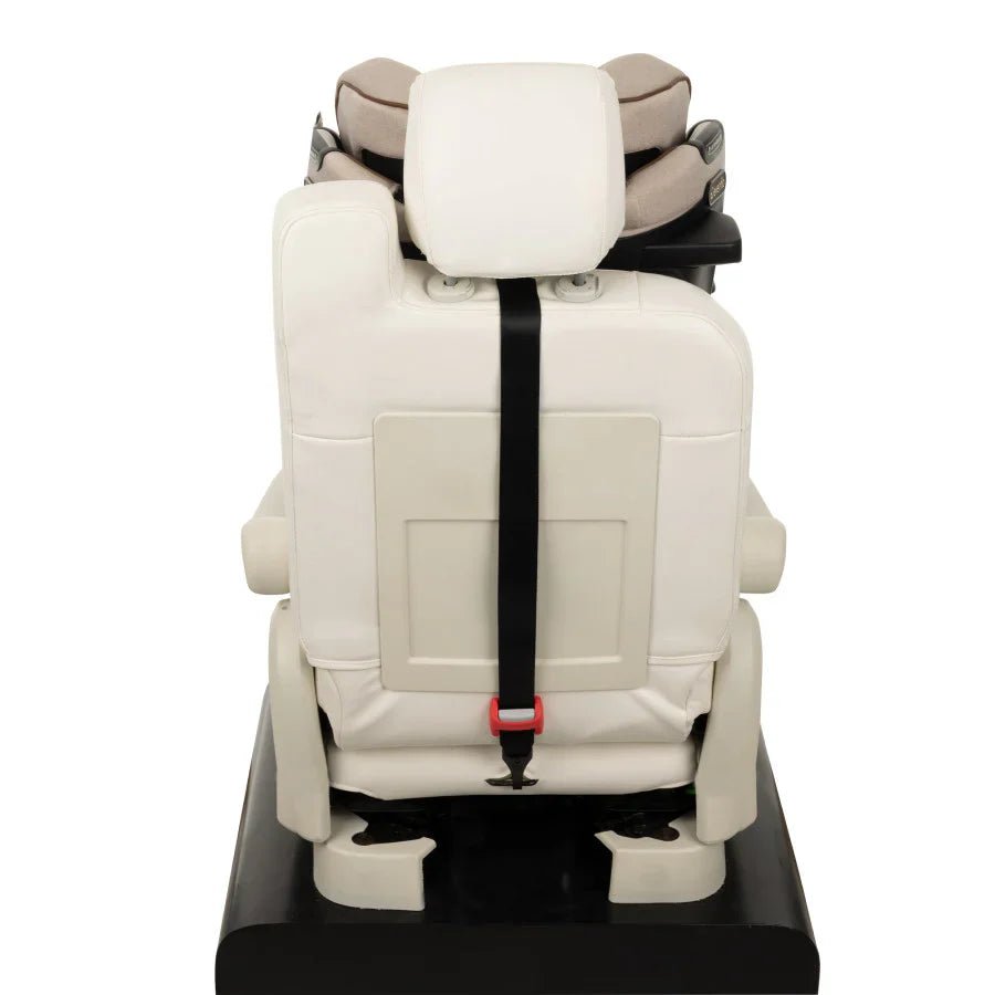 Champagne all-in-one car seat with padded headrest, harness straps, and front view.
