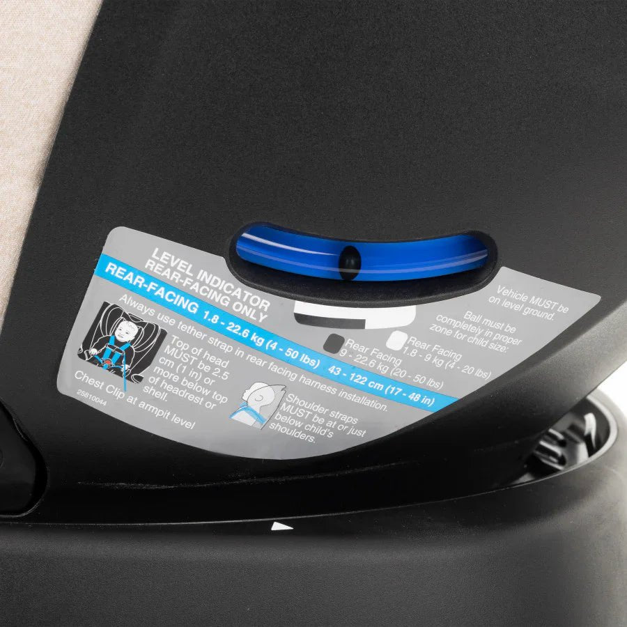 Car seat rear-facing indicator label with blue adjustment slider
