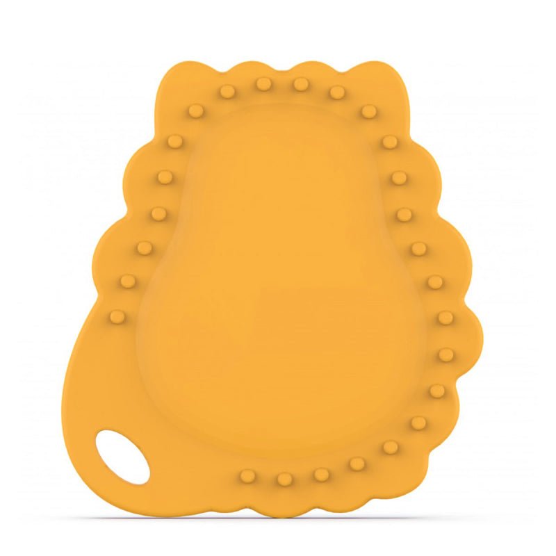 Lion-shaped baby teether with textured nubs on orange silicone back
