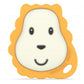 Lion-shaped baby teether with lion-face design in orange and white