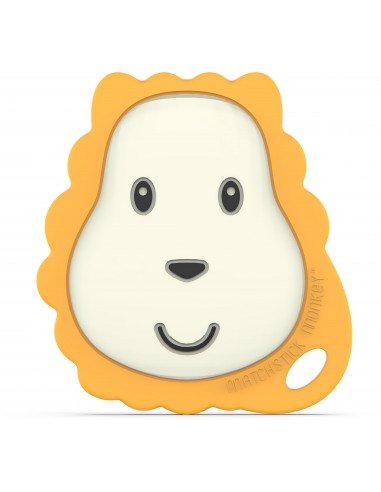 Lion-shaped baby teether with lion-face design in orange and white