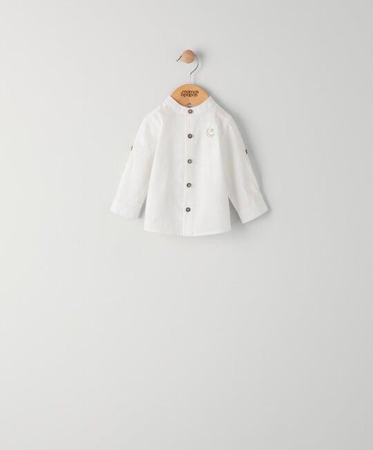 White long-sleeve linen shirt with button front
