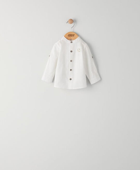 White long-sleeve linen shirt with button front