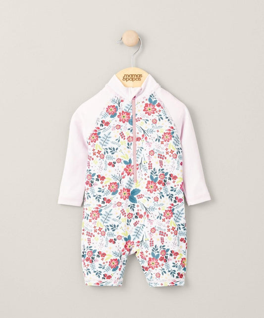 Long-sleeve floral rashsuit swimwear, white with full front zipper