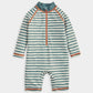 Long sleeve striped rashsuit with half-zip, teal-and-white stripes, orange-trim cuffs