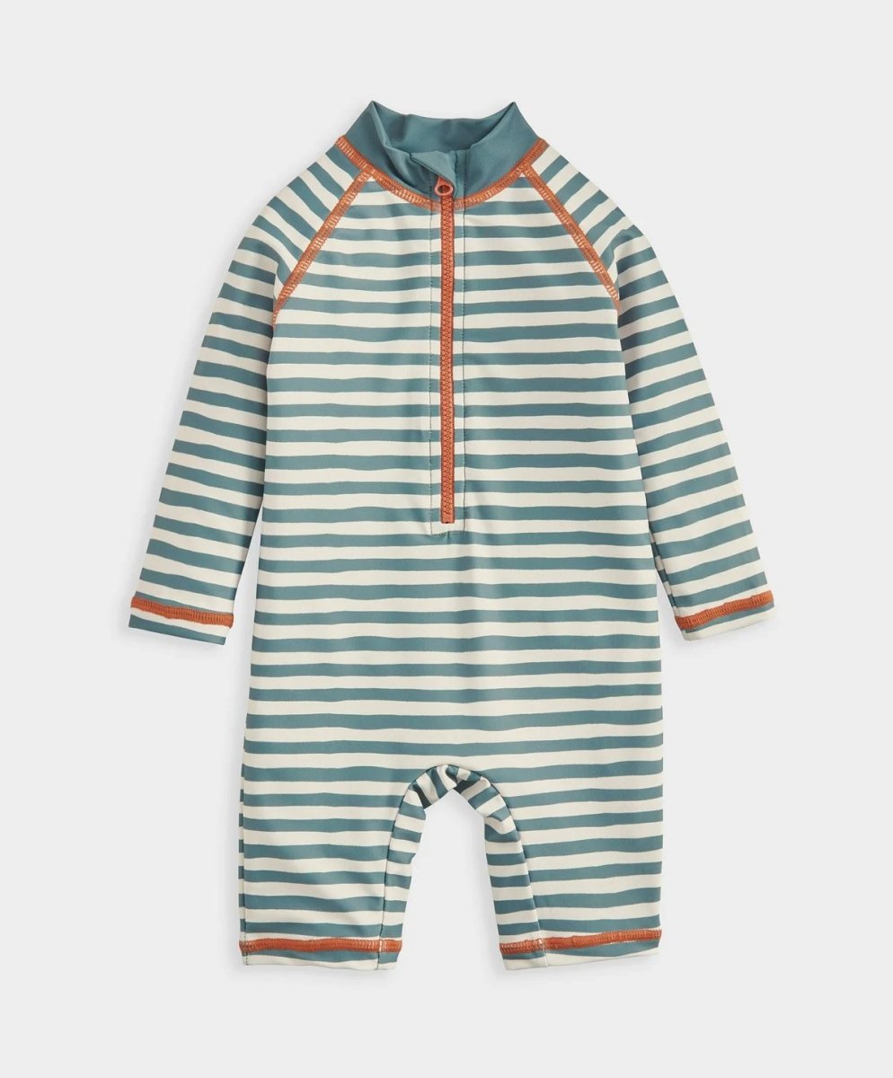 Long sleeve striped rashsuit with half-zip, teal-and-white stripes, orange-trim cuffs