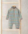 Long sleeve striped rashsuit with half-zip front, teal-and-white stripes, orange trim