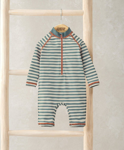 Long sleeve striped rashsuit with half-zip front, teal-and-white stripes, orange trim