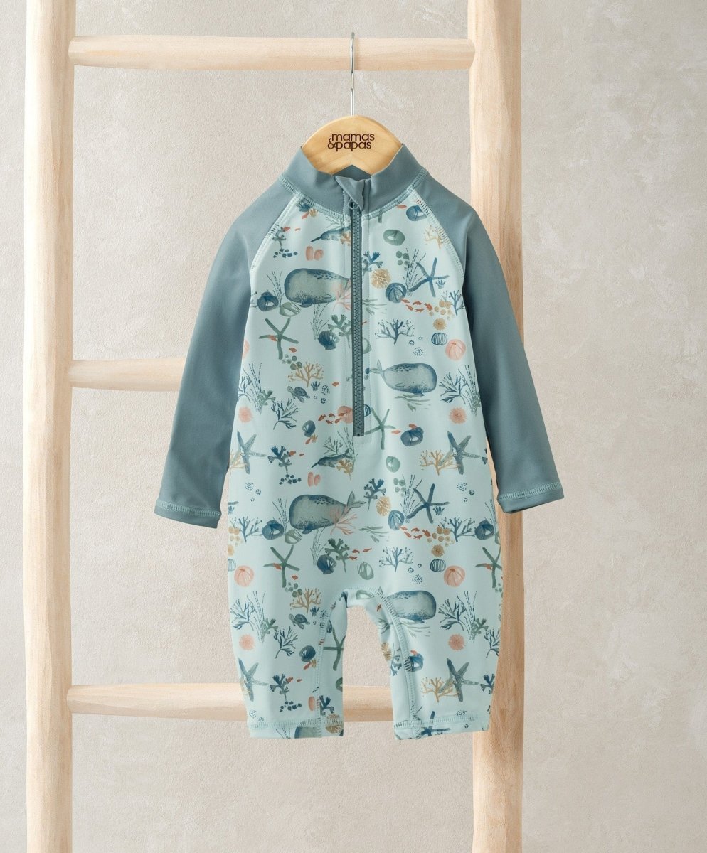 Long sleeve whale print rashsuit with front zipper, light blue and cream