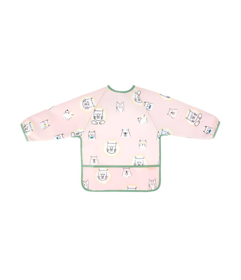 Long-sleeved bib waterproof feeding apron, pink with animal prints and mint trim