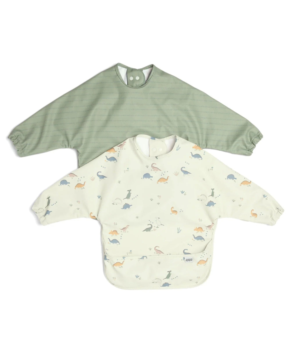 Pair of long-sleeve baby bibs: white animal print and sage green bibs.