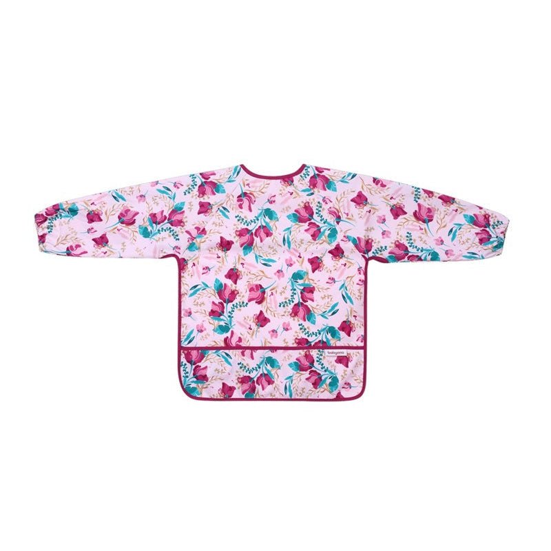 Long-sleeve floral bib top with pink base, round neck, long sleeves
