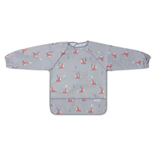 Long-sleeve baby bib in light gray-blue with red fox print, snap closure