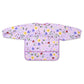 Long-sleeve bib front in lavender with colorful garden flowers, long sleeves and hem