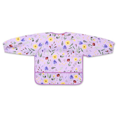 Long-sleeve bib front in lavender with colorful garden flowers, long sleeves and hem