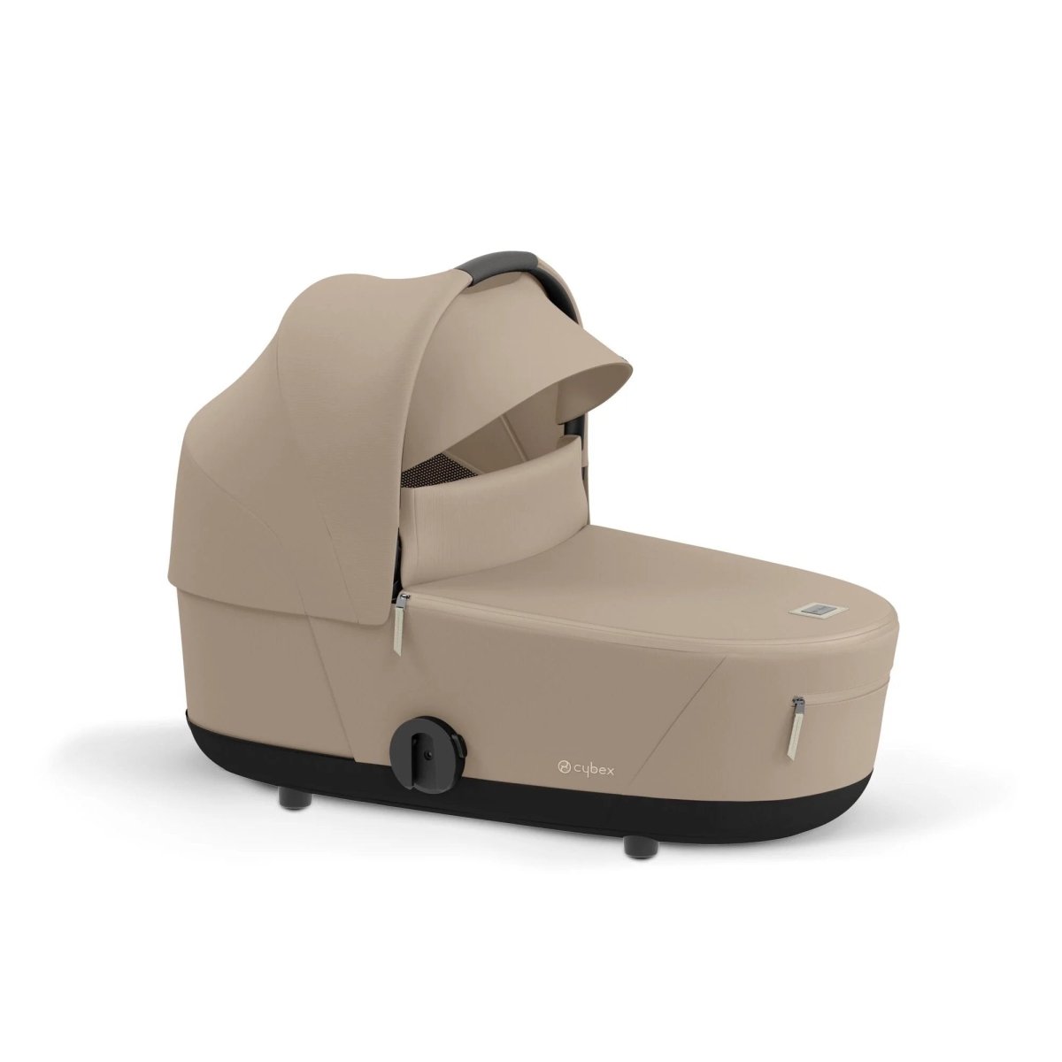 Beige Mios luxury carrycot with hood, front handle, and base wheels