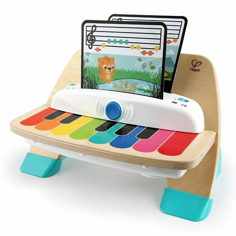 Wooden baby piano toy with colorful keys, blue sound button, and music-screen panel