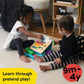 Toy cash register with large number keypad and plastic play money for pretend play