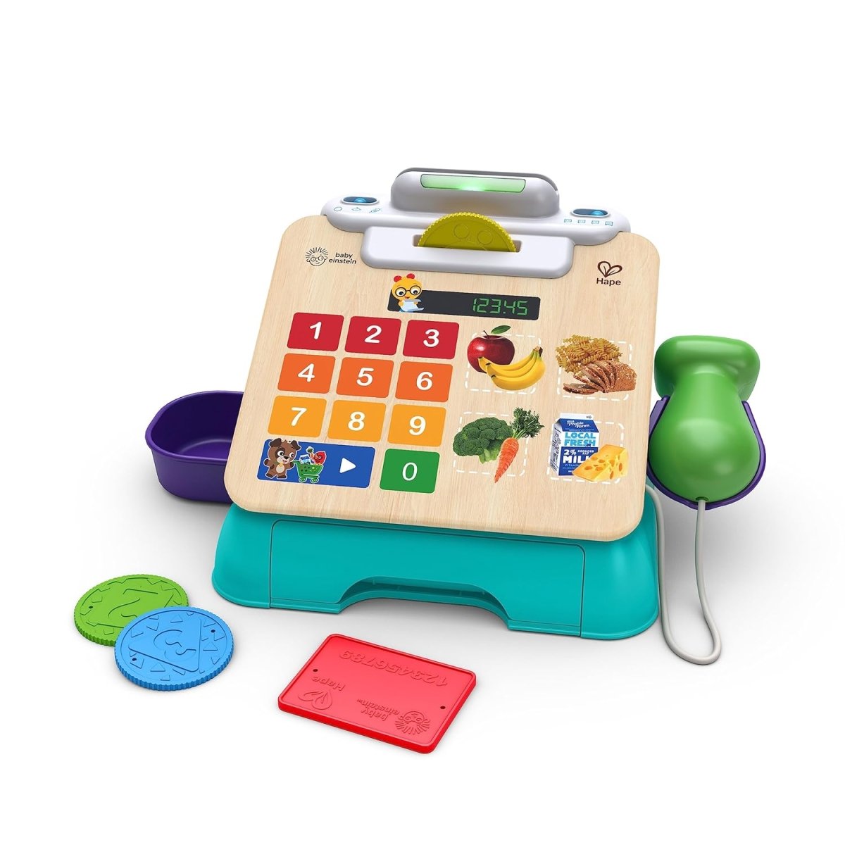 Wooden-style toy cash register with keypad, card reader, and play money cards