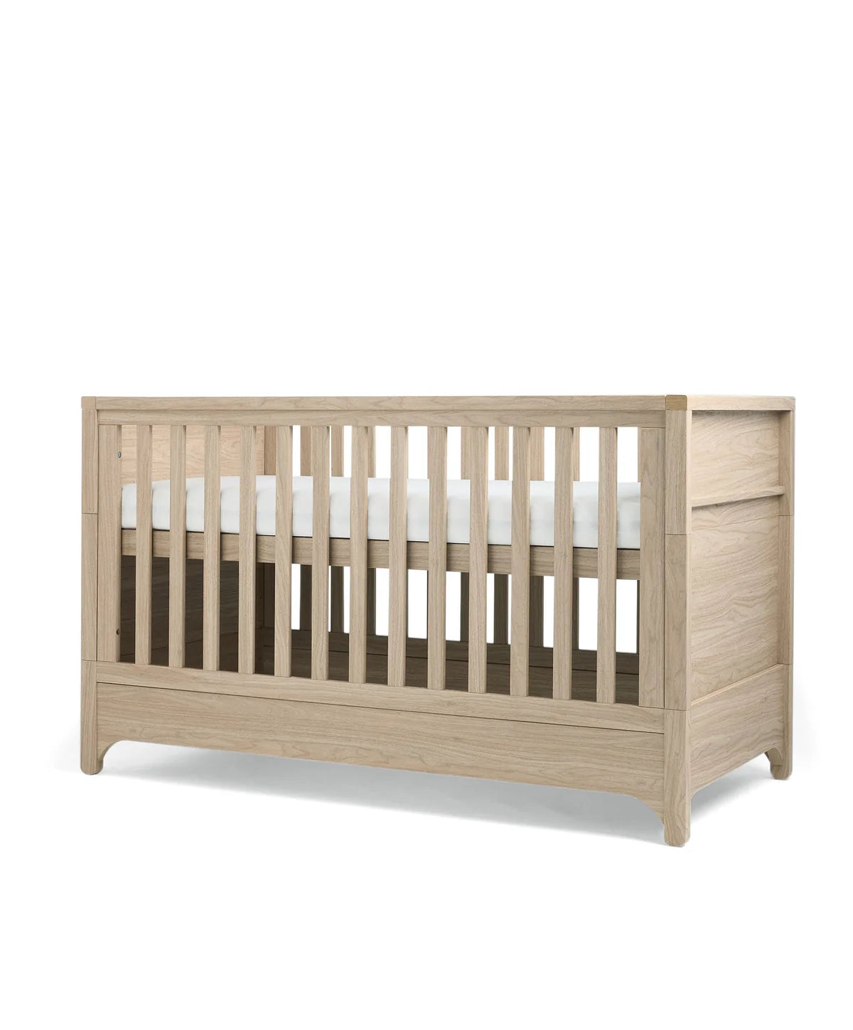 Oak cot bed front panel with vertical slats and low side rails