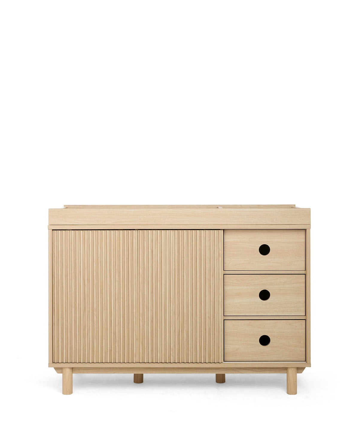 Oak wide dresser changer with ribbed cabinet doors and three pull-out drawers