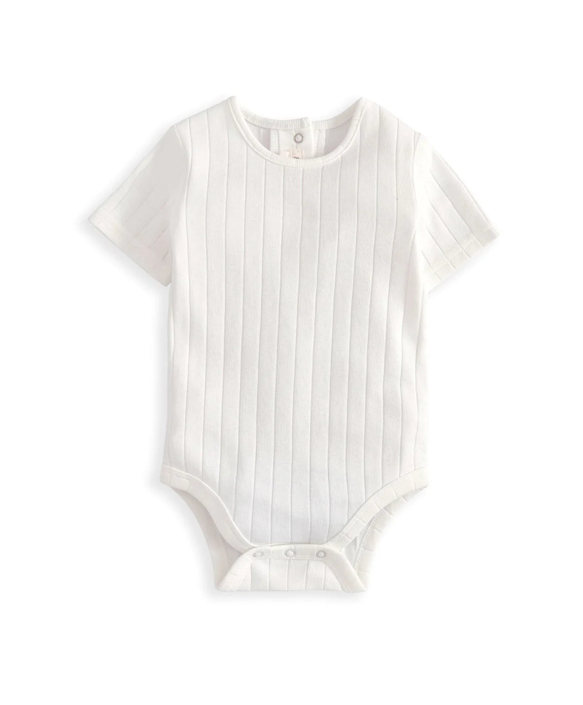 White short-sleeve striped bodysuit with button snaps at leg opening
