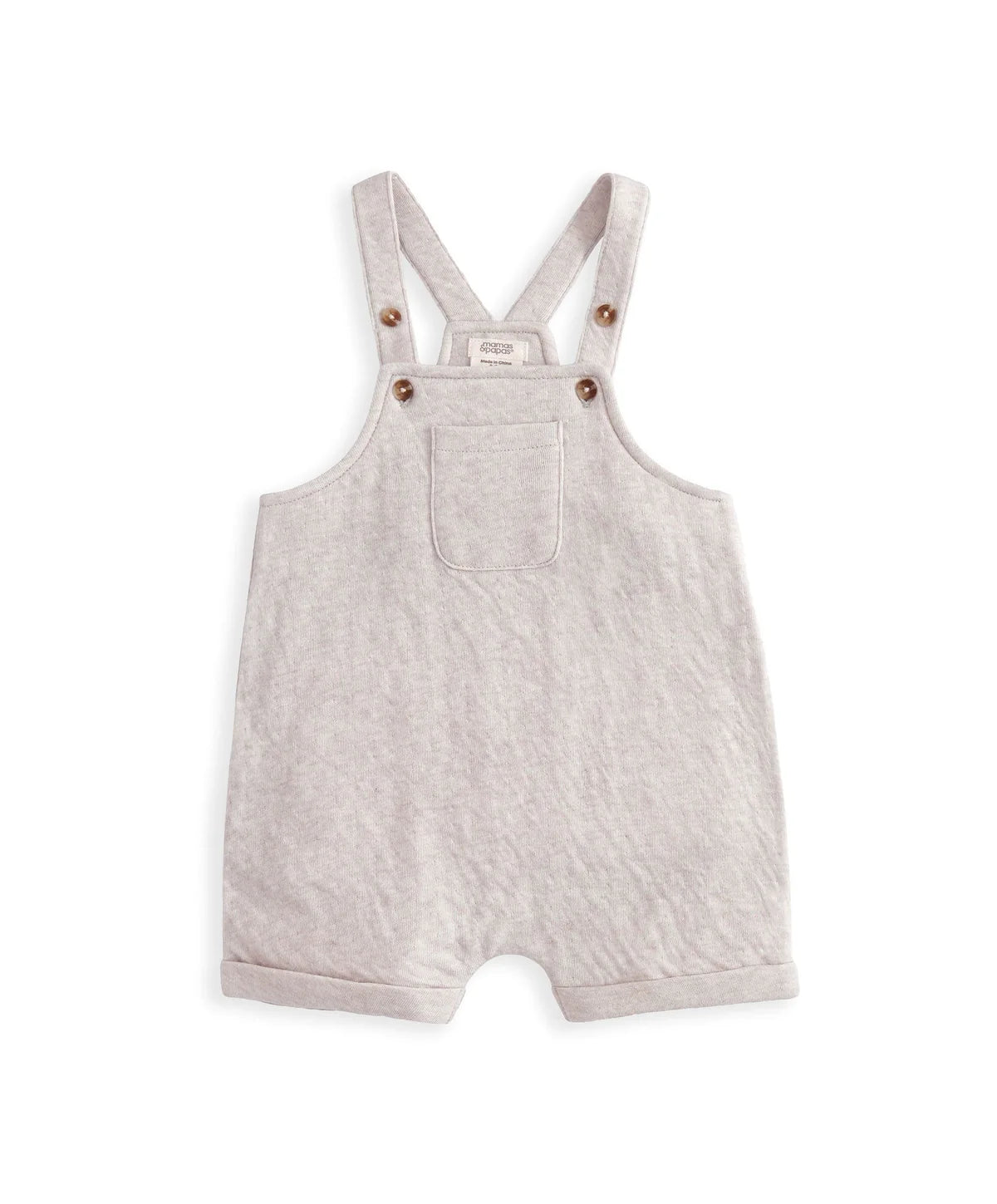 Light grey short dungarees with front pocket and buttoned shoulder straps