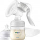 Avent manual breast pump set with white bottle, breast shield, and pump handle